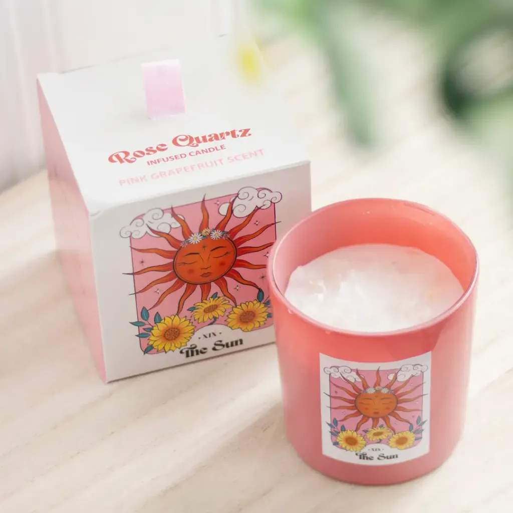 [3505] Bougie en verre rose avec cristaux de quartz rose parfum pamplemousse