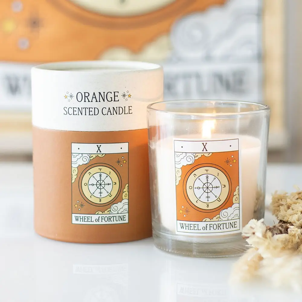 [3507] Bougie parfumée orange avec carte de tarot Wheel of Fortune vintage
