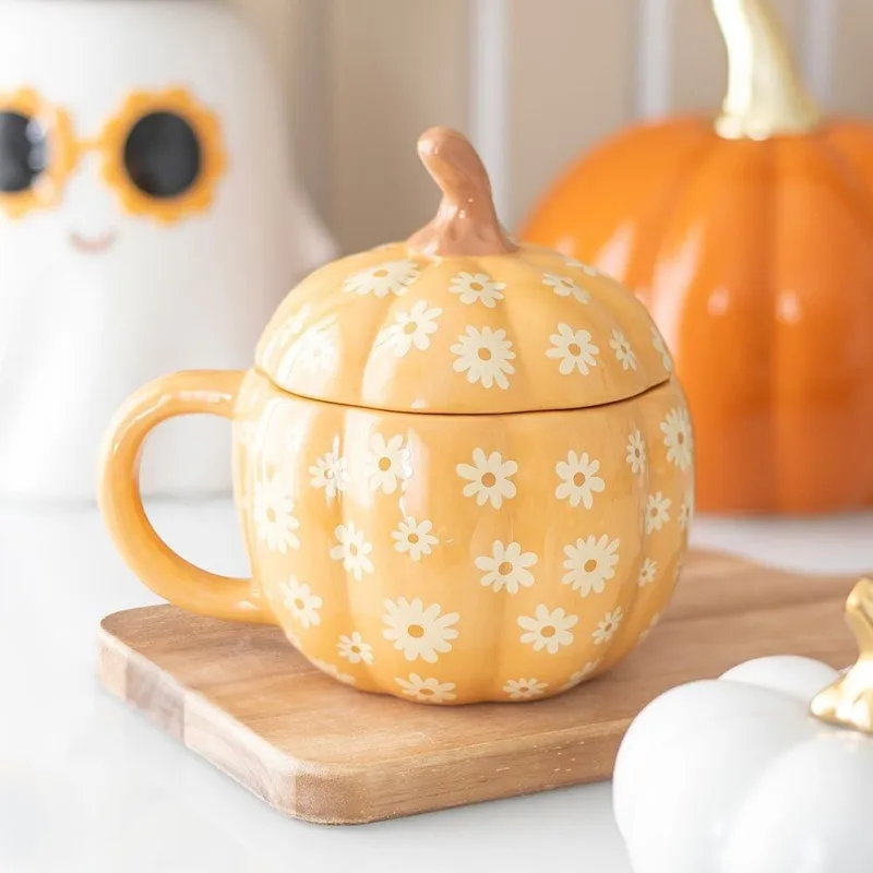 Tasse avec couvercle à motif de citrouille florale Groovy