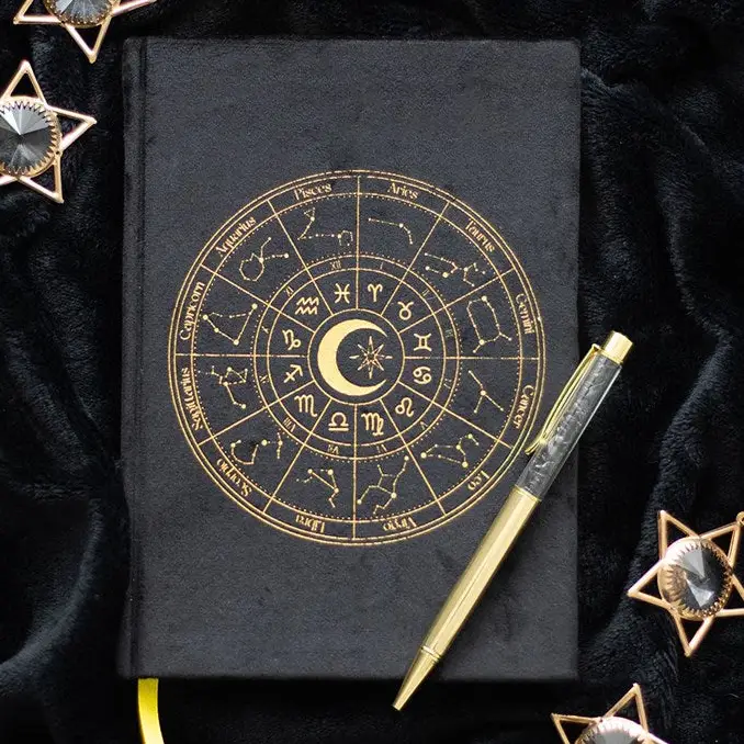 [102] Carnet à thème astrologique avec stylo en obsidienne noire