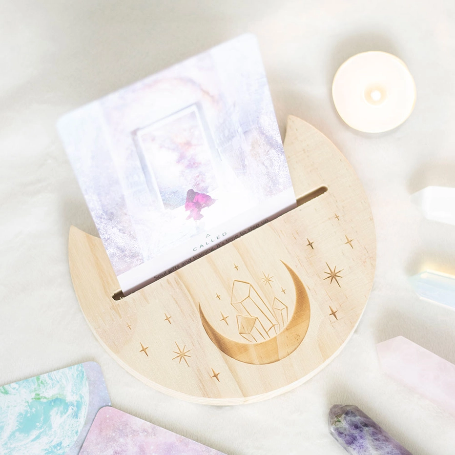 [3007] Support en bois pour carte de tarot lune croissante en cristal naturel